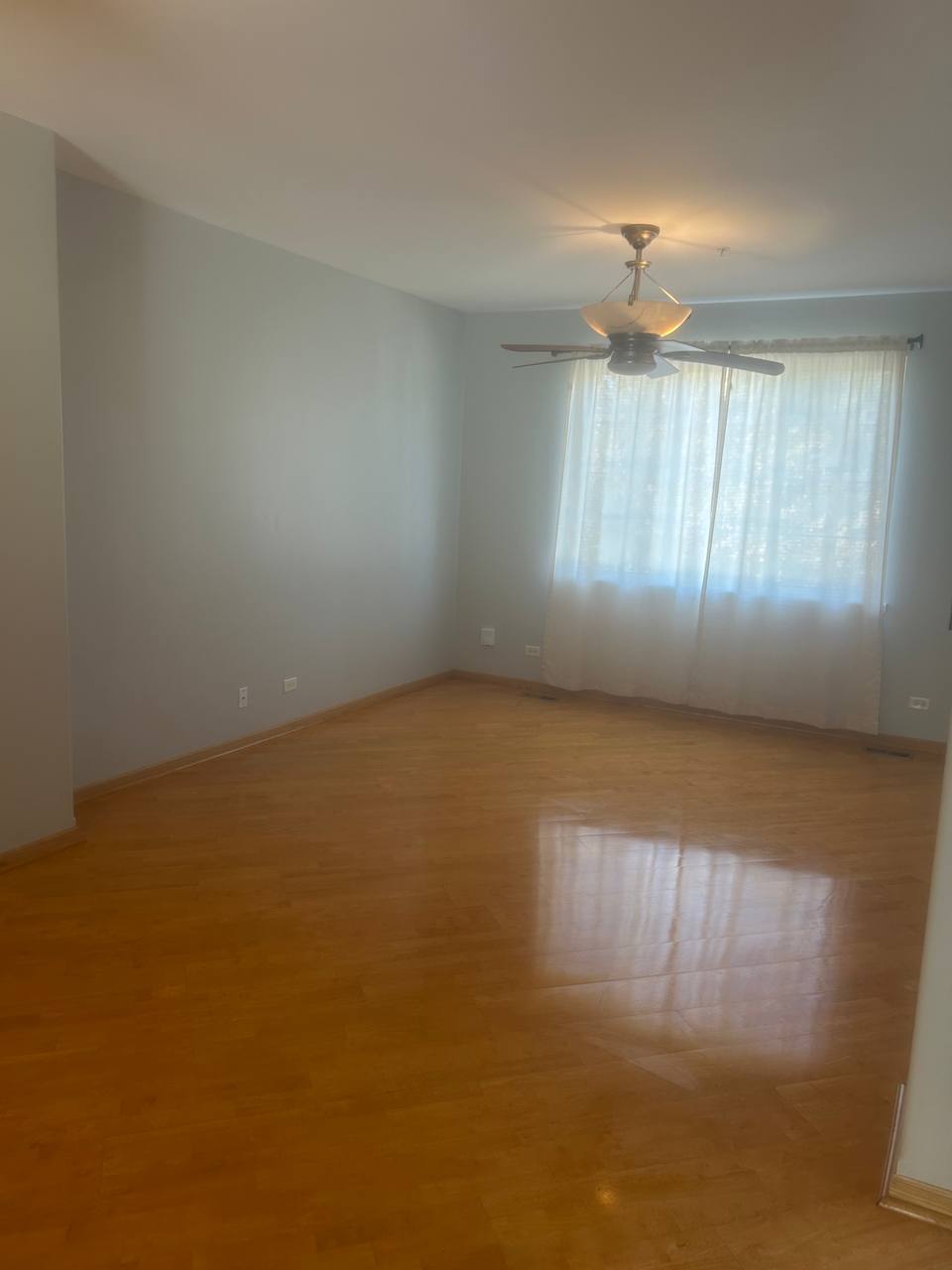 Empty living room with glossy wood floor, ceiling fan and sheer curtains