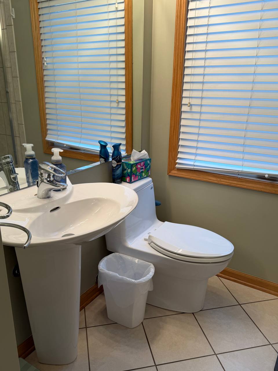Pedestal sink, toilet and wood-trimmed windows with white blinds