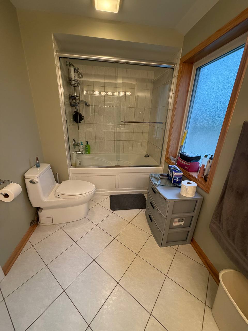 Green bathroom with glass door tub shower, toilet and storage drawers