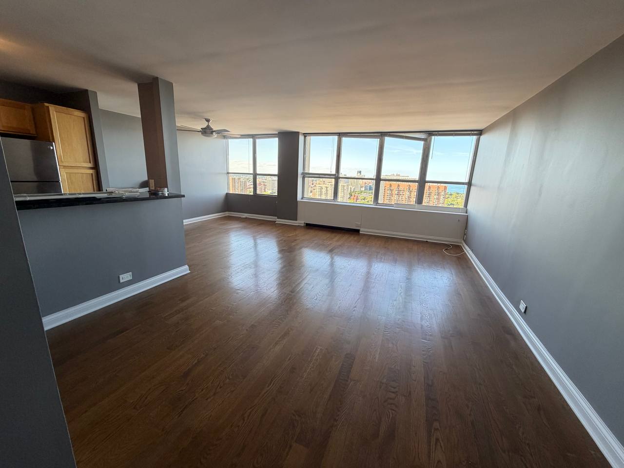 Empty condo living room with dark hardwood floor and city view