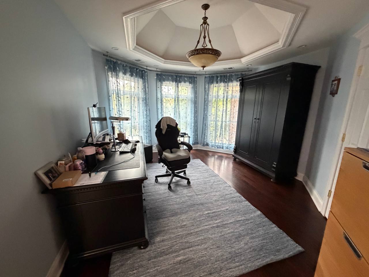 Home office with dark desk, gray rug, armoire and octagonal ceiling