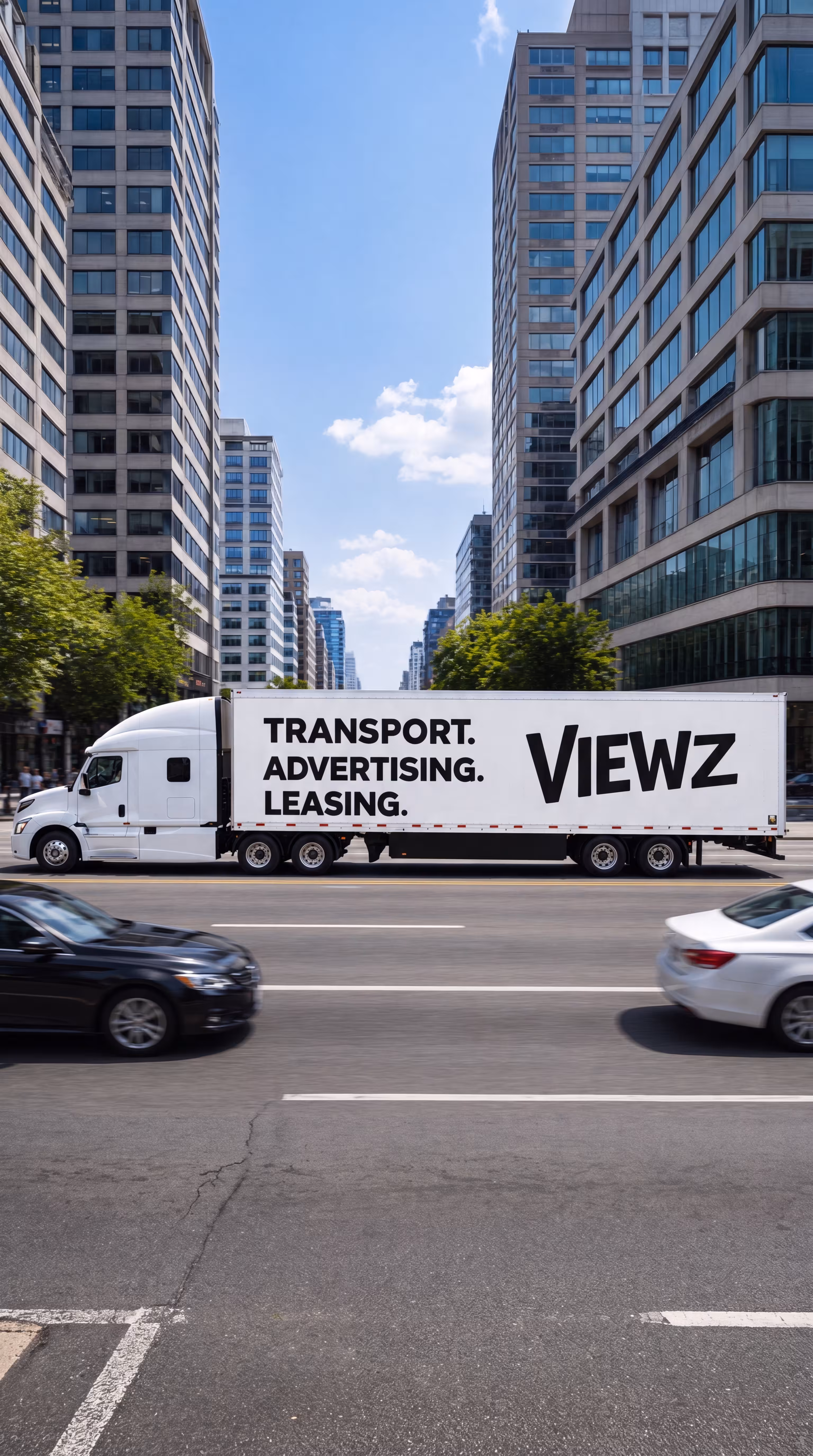 White truck with Viewz transport, advertising, leasing text drives on city street between tall buildings.
