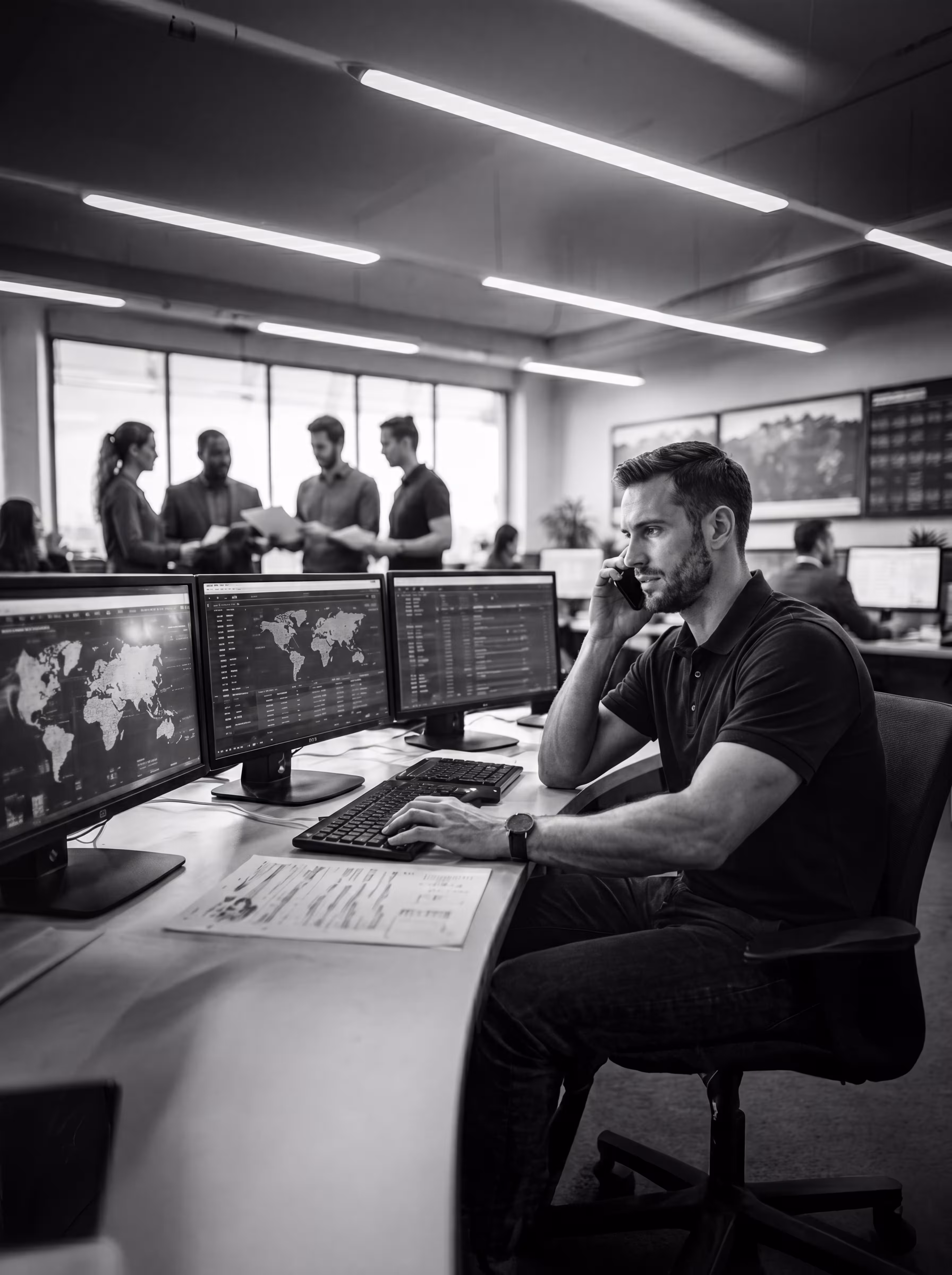Man in office working on computer with world maps on screens, talking on phone, coworkers stand behind.