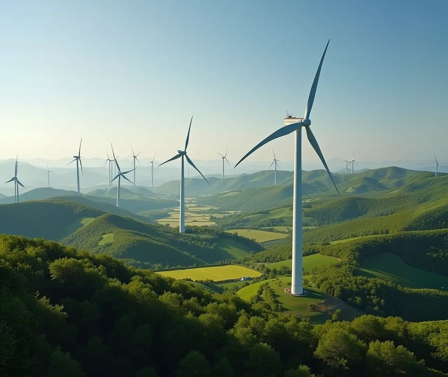 Wind turbines across green rolling hills