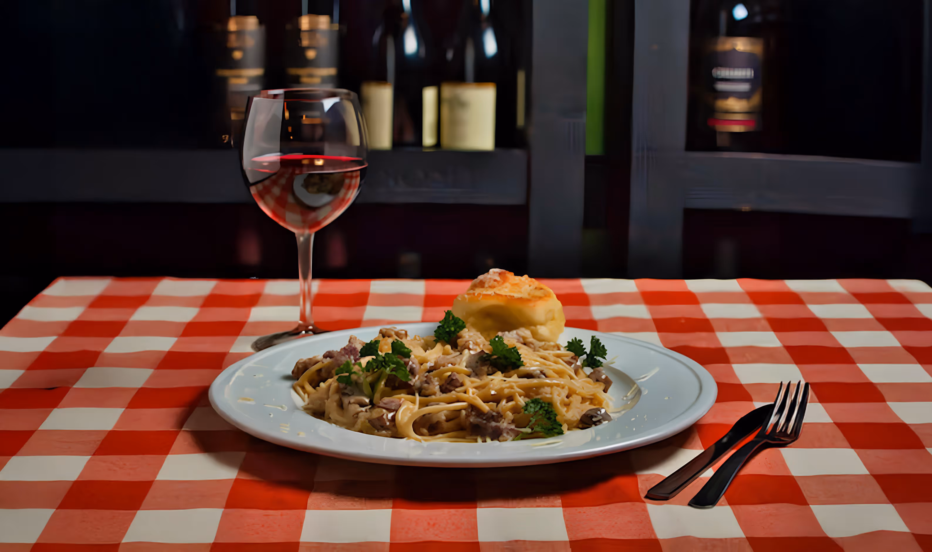 A plate of pasta carbonara garnished with parsley on a red and white checkered tablecloth, accompanied by a glass of red wine and a bread roll.