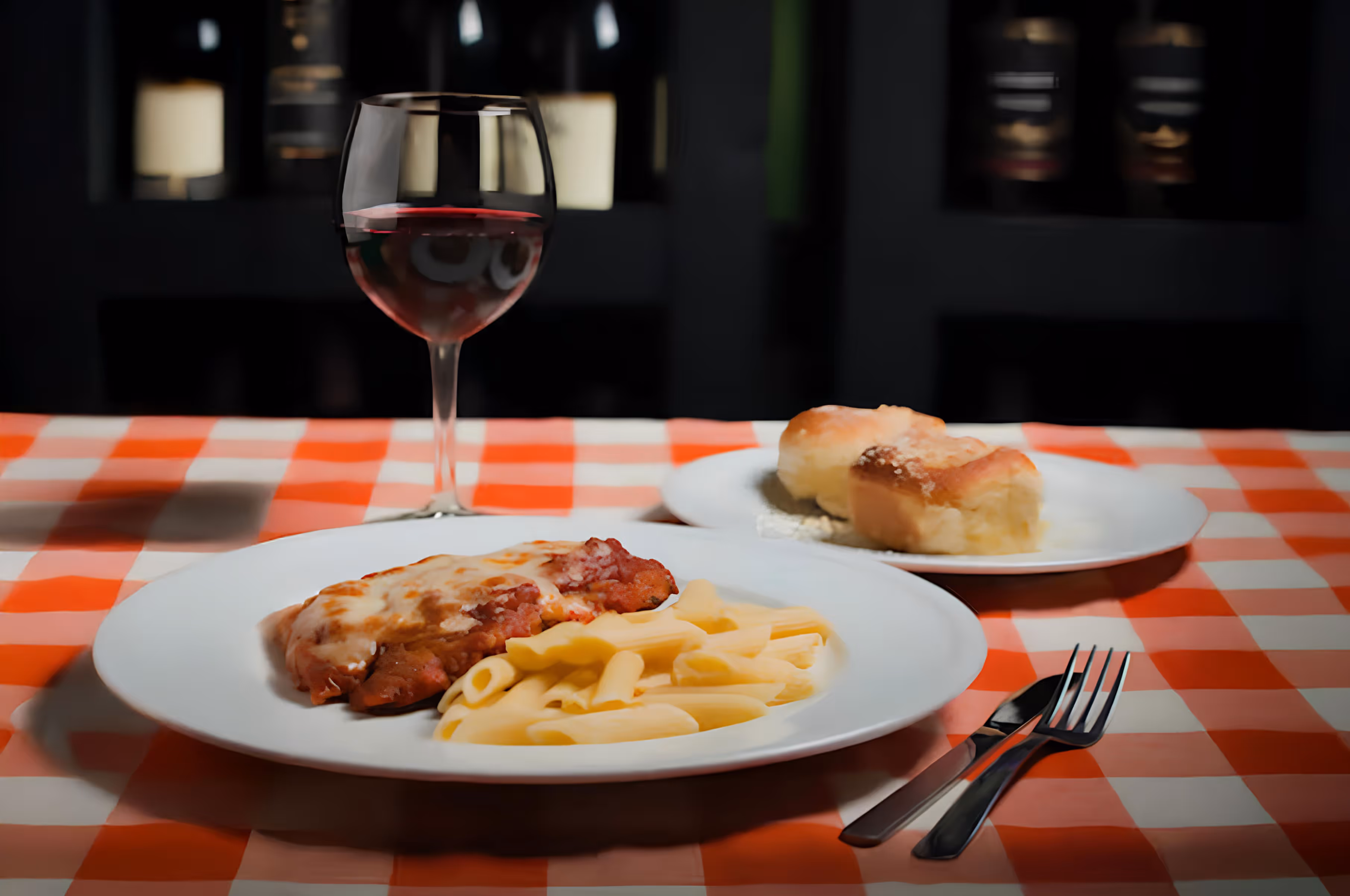 A plate of cheesy chicken parmesan with penne pasta on a red checkered tablecloth, beside garlic bread and a glass of red wine.