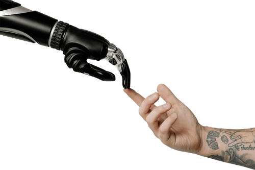 Main humaine touchant du bout du doigt celle d'un robot