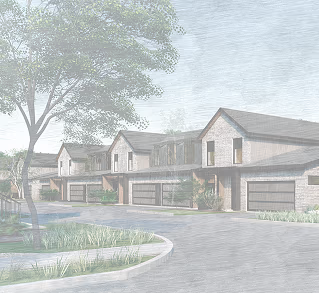 Rendering showing the exterior of three Hunt & Haven units down a street with a tree on the left. 
