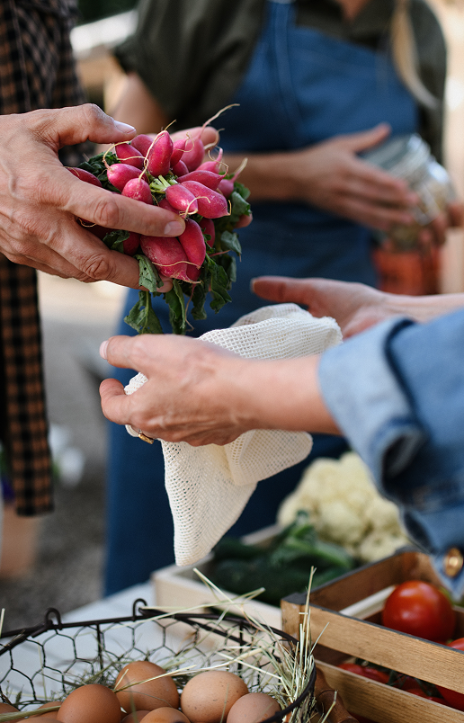 A person handing a bunch of radishes to another person holding a reusable bag at a farmers market stall.