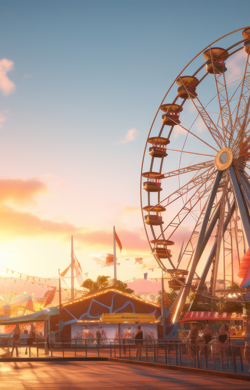 An amusement park pictured at sunset, featuring a ferris wheel among other booths and rides.