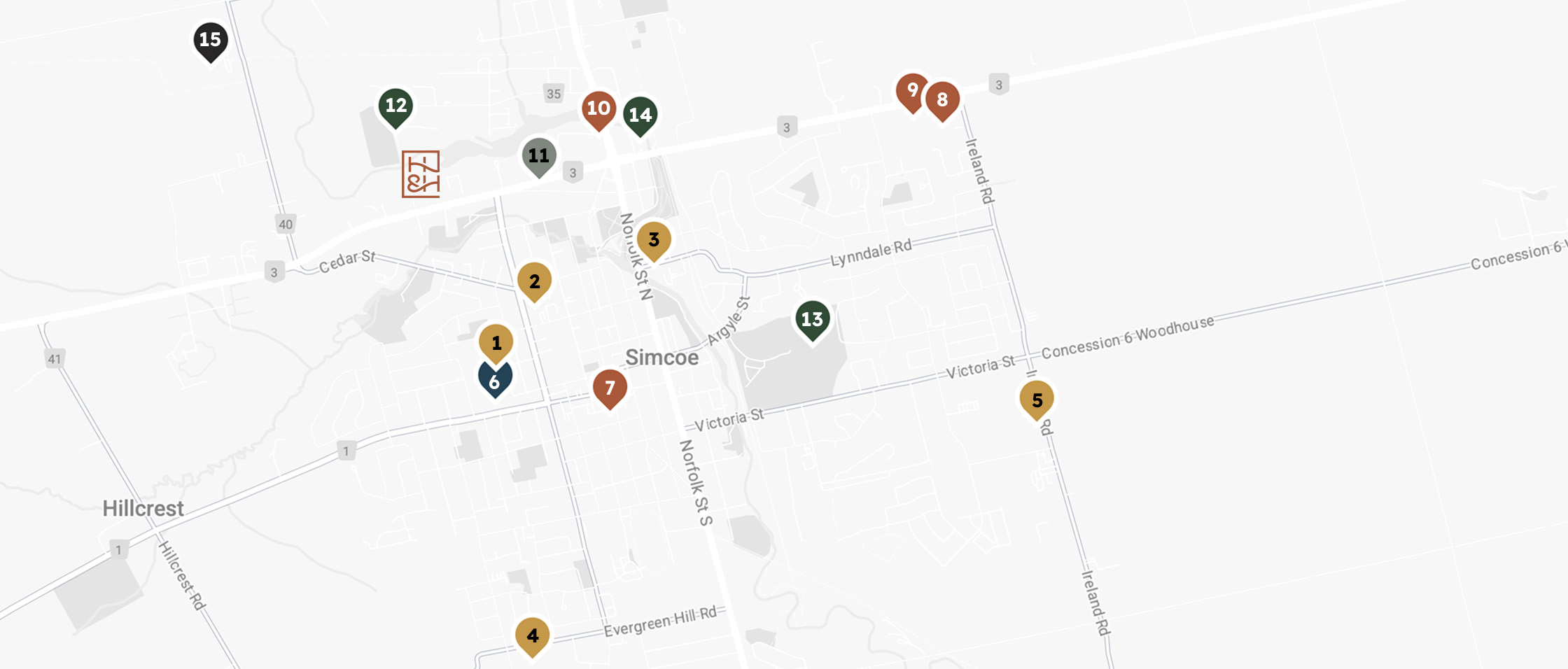 Map of Simcoe with numbered location markers positioned across the town. See content below for more detail.