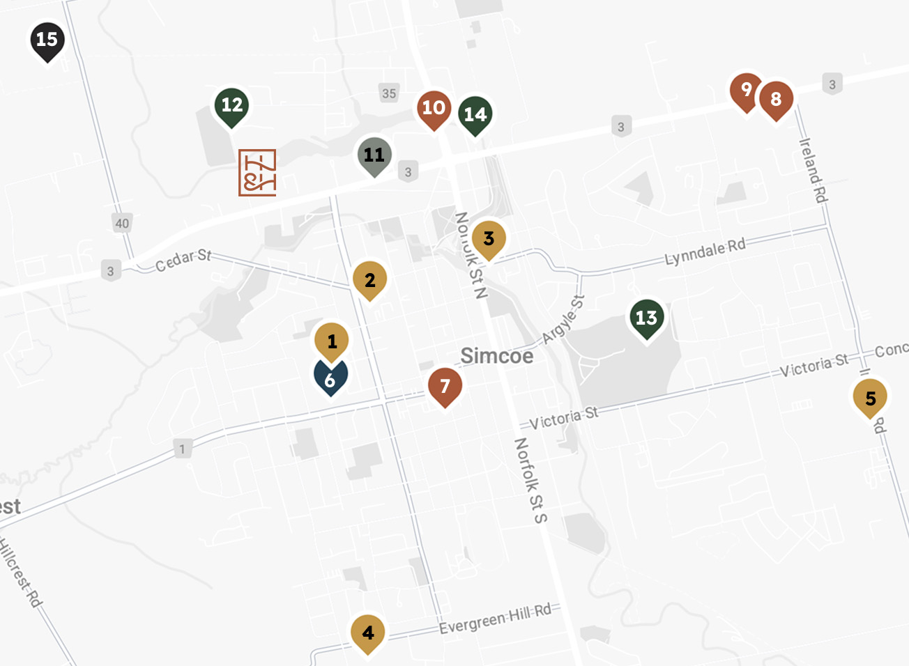 Map of Simcoe with numbered location markers positioned across the town. See content below for more detail.