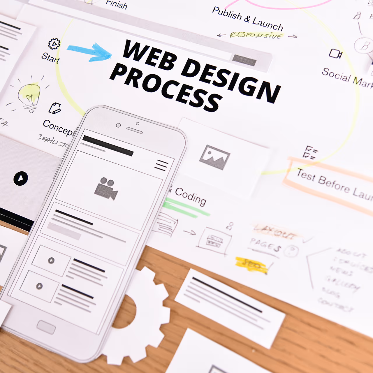 An image showing the title web design process on a mapped out flow chart. A template of a mobile device is overlapped on top showing a UI wireframe.