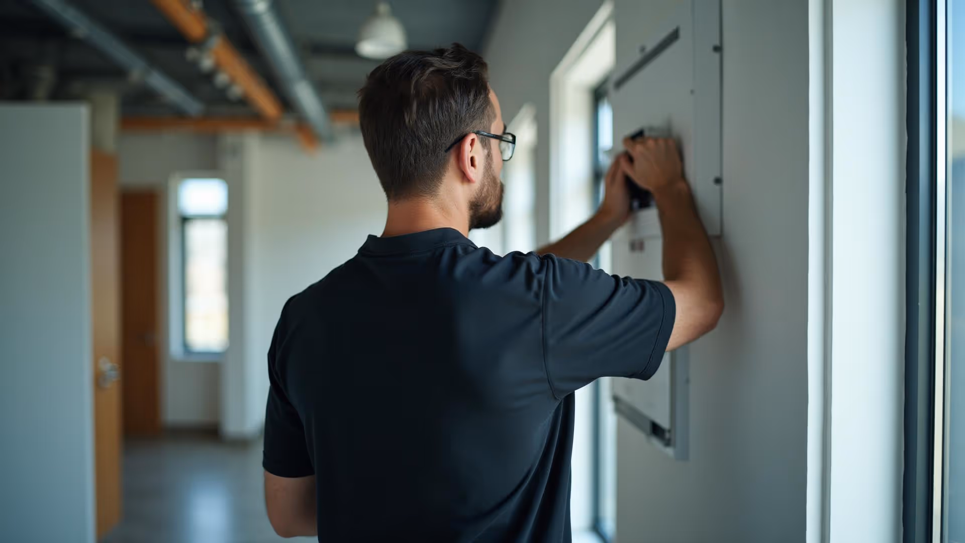 Ein Mann mit einer Brille arbeitet an einer technischen Anlage.