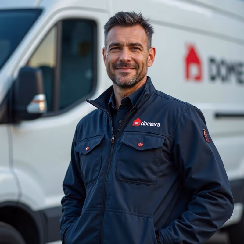 Ein Mann in Arbeitskleidung steht vor einem weißen Transporter und lächelt in die Kamera.