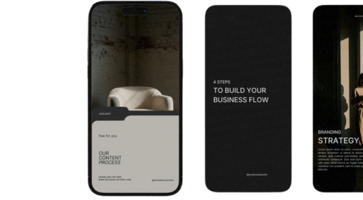 Three smartphone screens displaying branded content, copy-driven messaging, and strategy-focused visuals.