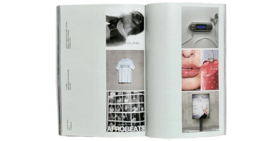 Open magazine-style layout featuring visual branding elements, fashion, and product imagery.