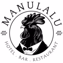 Black and white logo featuring a rooster wearing a tuxedo inside a circle, with the text 'MANULALU' above and 'HOTEL · BAR · RESTAURANT' below.