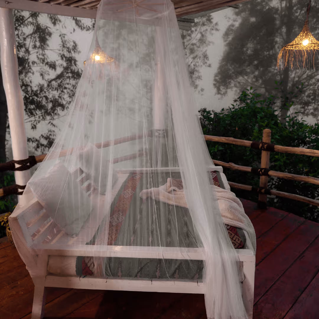 Outdoor wooden daybed draped with a white mosquito net and blankets on a wooden deck surrounded by trees and soft hanging lights.