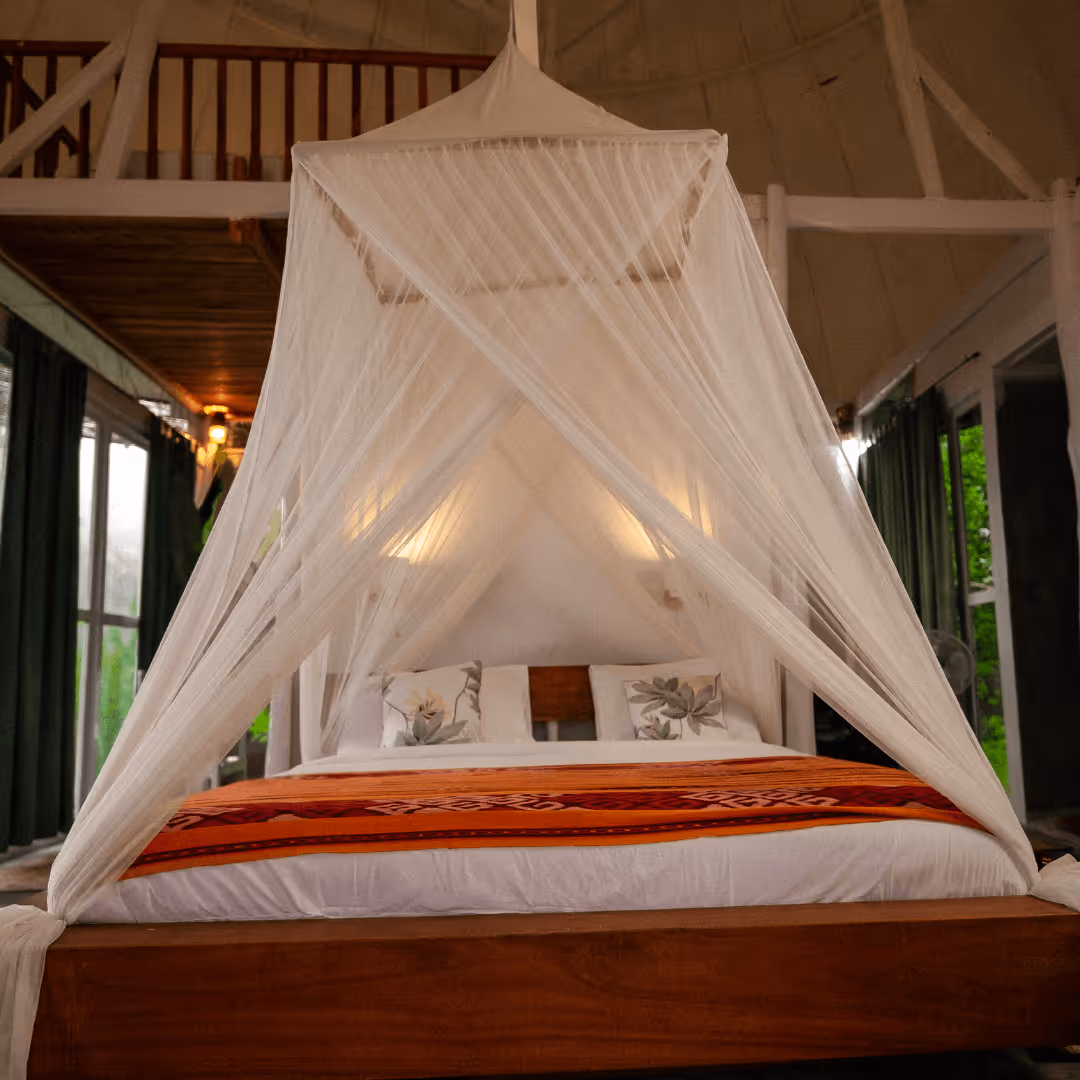 Bed with white mosquito net canopy, floral pillows, and an orange patterned blanket in a rustic room with wooden furniture and open windows.
