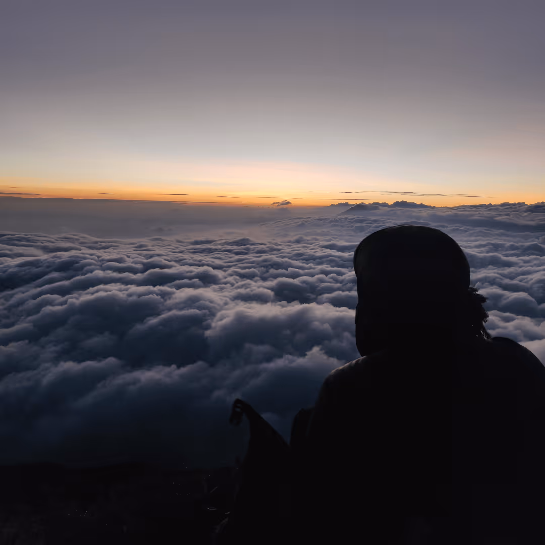 Silhouette of a person wearing a hooded jacket looking over a sea of clouds at sunrise or sunset.