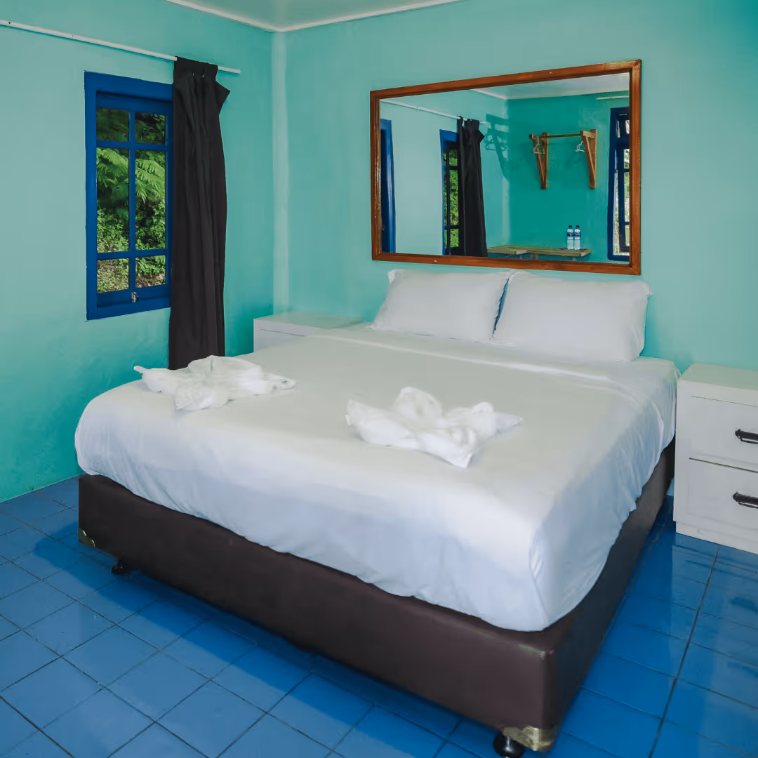 Neatly made bed with white linens in a turquoise-painted room with blue tiled floor, mirror, and window with dark curtains.