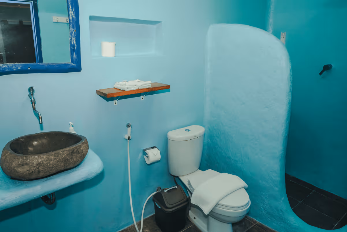 Bathroom with turquoise walls featuring a stone sink, wooden shelf with towels, toilet with a towel on the seat, and a shower area separated by a curved wall.