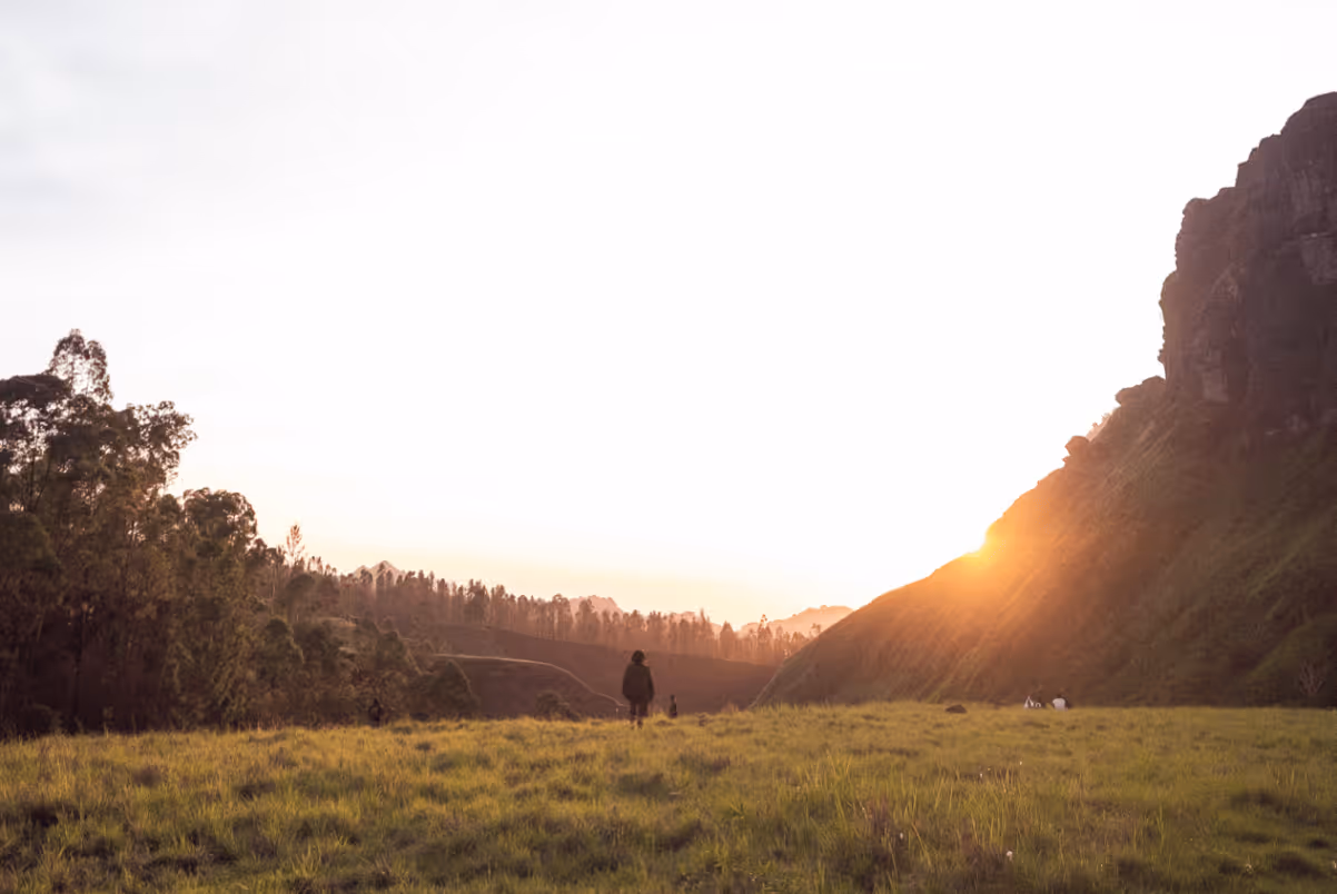 Person walking on a grassy field at sunset with hills and trees in the background.