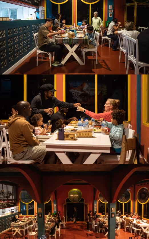 Three photos of diverse groups of people dining together at colorful indoor restaurant tables during the evening.