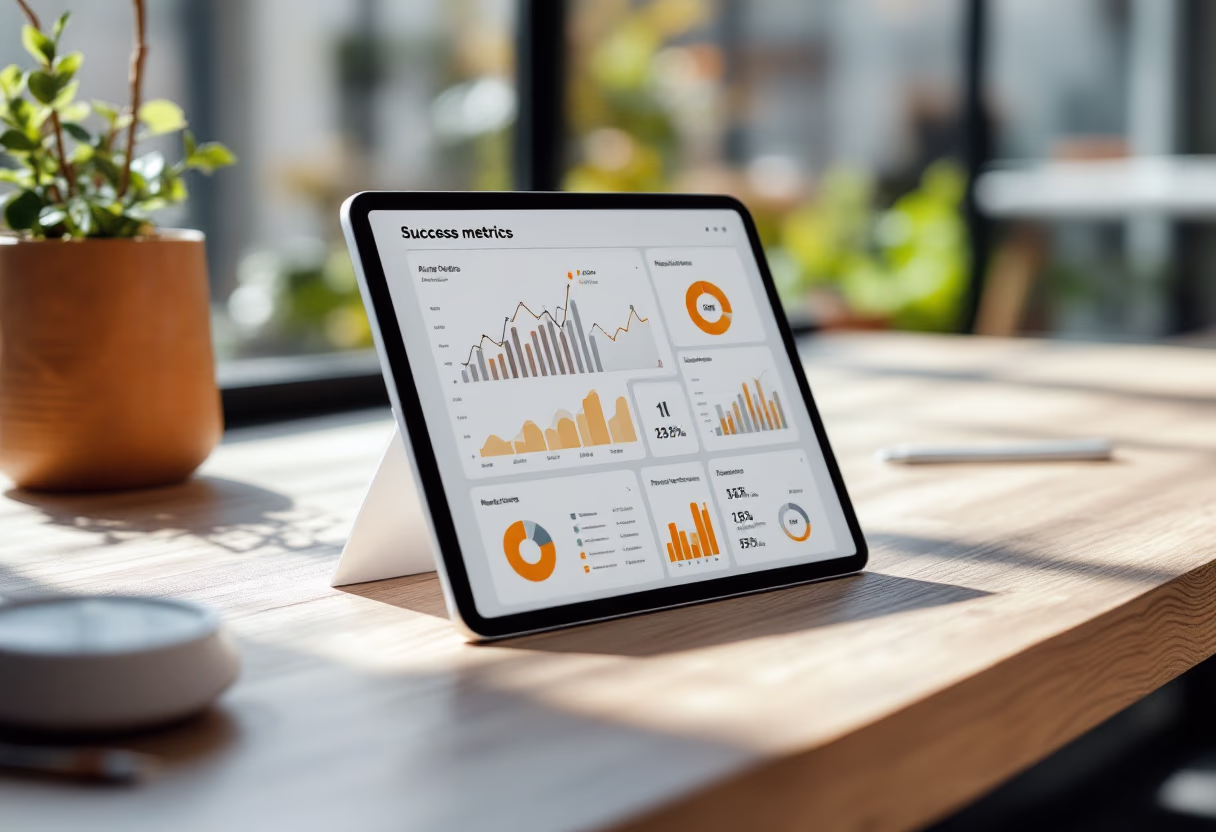 image of success metrics in chart form (for an ai robotics and automation), displayed on a tablet