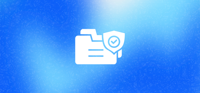 Folder with shield icon on blue background, representing AI protection of sensitive PII and trade secrets.