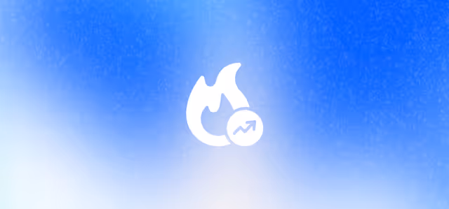 White flame icon with upward trend arrow on blue background, symbolizing rising AI trends in business.