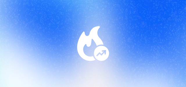 White flame icon with upward trend arrow on blue background, symbolizing rising AI trends in business.