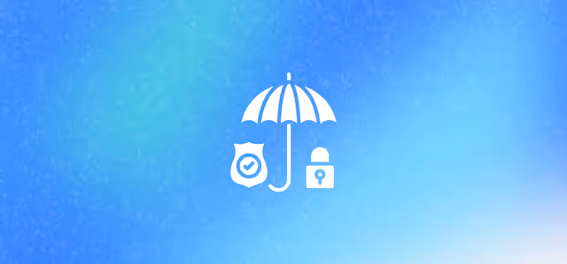 Umbrella with shield and lock icons on blue background, symbolizing AI-driven cybersecurity and data protection.