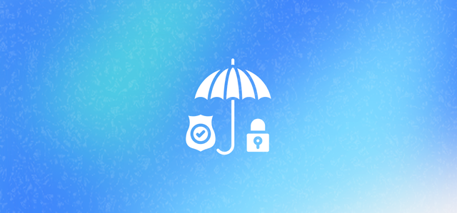 Umbrella with shield and lock icons on blue background, symbolizing AI-driven cybersecurity and data protection.