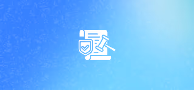 Document with gavel and shield icon on blue background, symbolizing AI compliance with data privacy regulations.