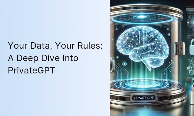 Futuristic digital brain in a glass chamber labeled PrivateGPT, symbolizing secure AI and data control in 2025.