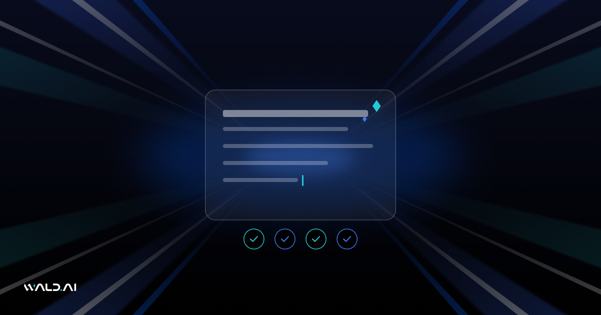 Abstract Wald AI blog banner with a document with a text cursor and sparkle on a dark background with blue light rays