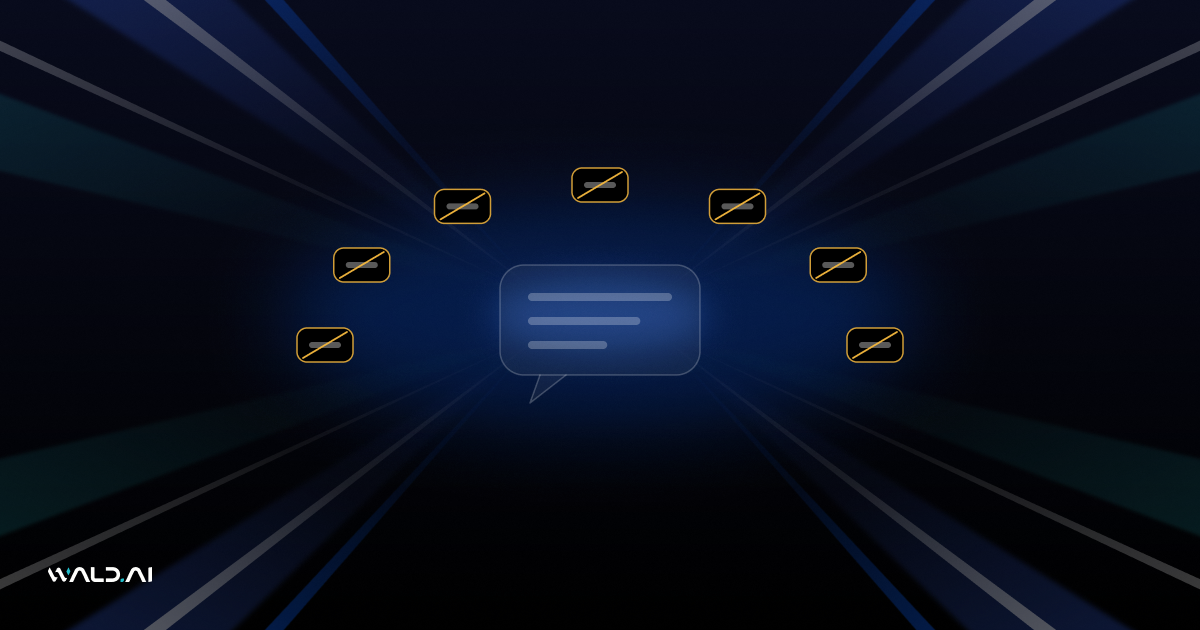 Abstract Wald AI blog banner with a chat bubble surrounded by crossed-out data cards on a dark background with blue light rays