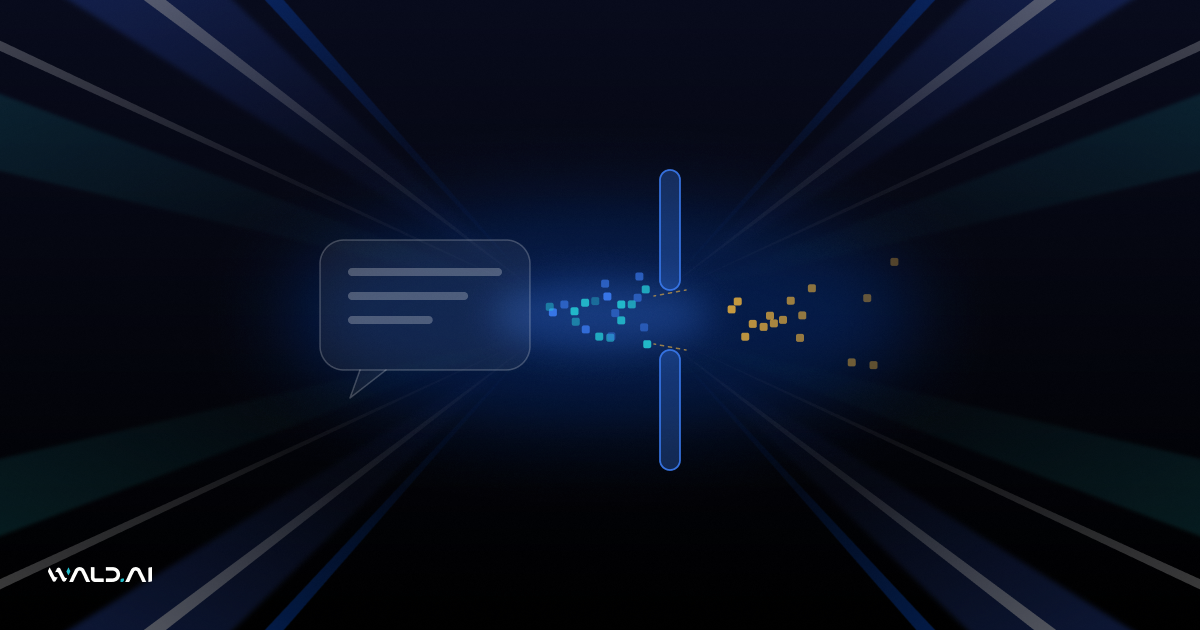 Abstract Wald AI blog banner with data flowing from a chat bubble toward a protective barrier on a dark background with blue light rays
