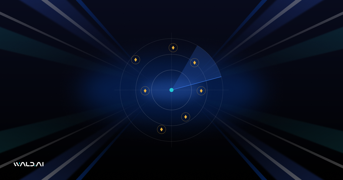 Abstract Wald AI blog banner with a radar scan with warning markers on a dark background with blue light rays
