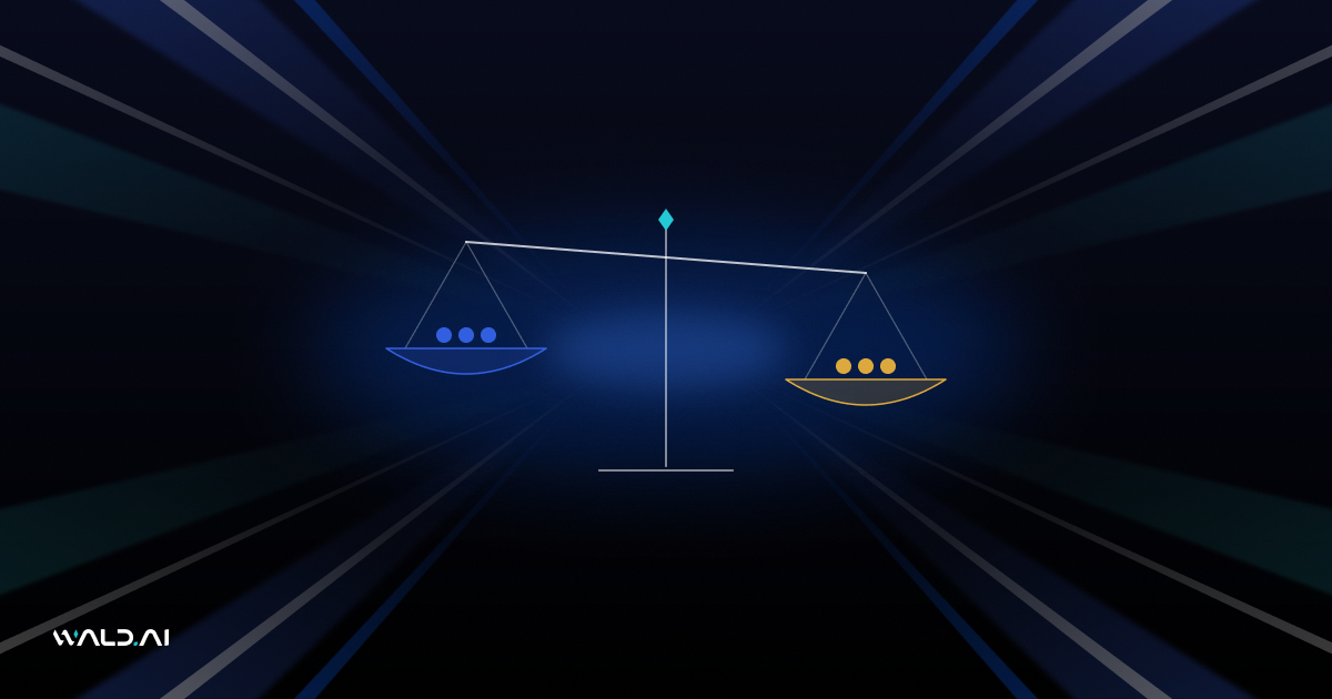 Abstract Wald AI blog banner with a balance scale on a dark background with blue light rays
