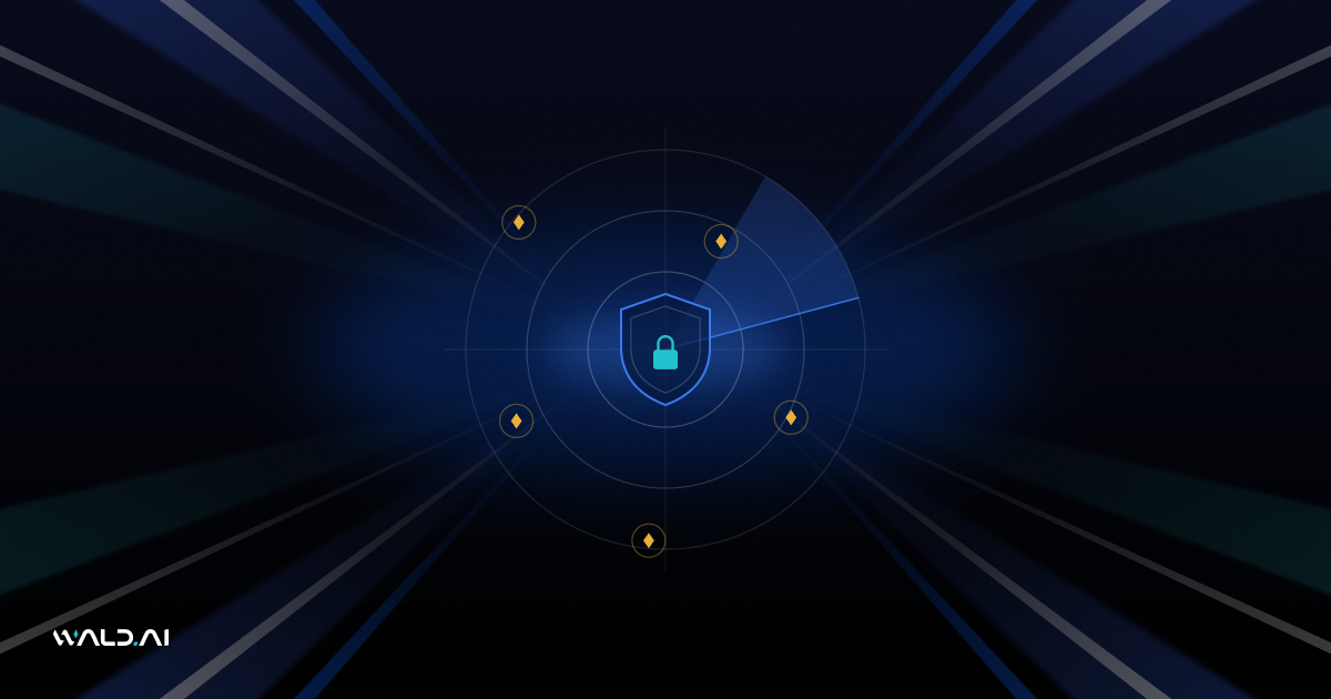 Abstract Wald AI blog banner with a radar scan with warning markers on a dark background with blue light rays