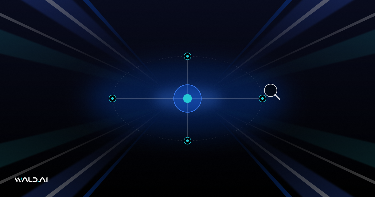 Abstract Wald AI blog banner with a hub of connected AI agent nodes on a dark background with blue light rays