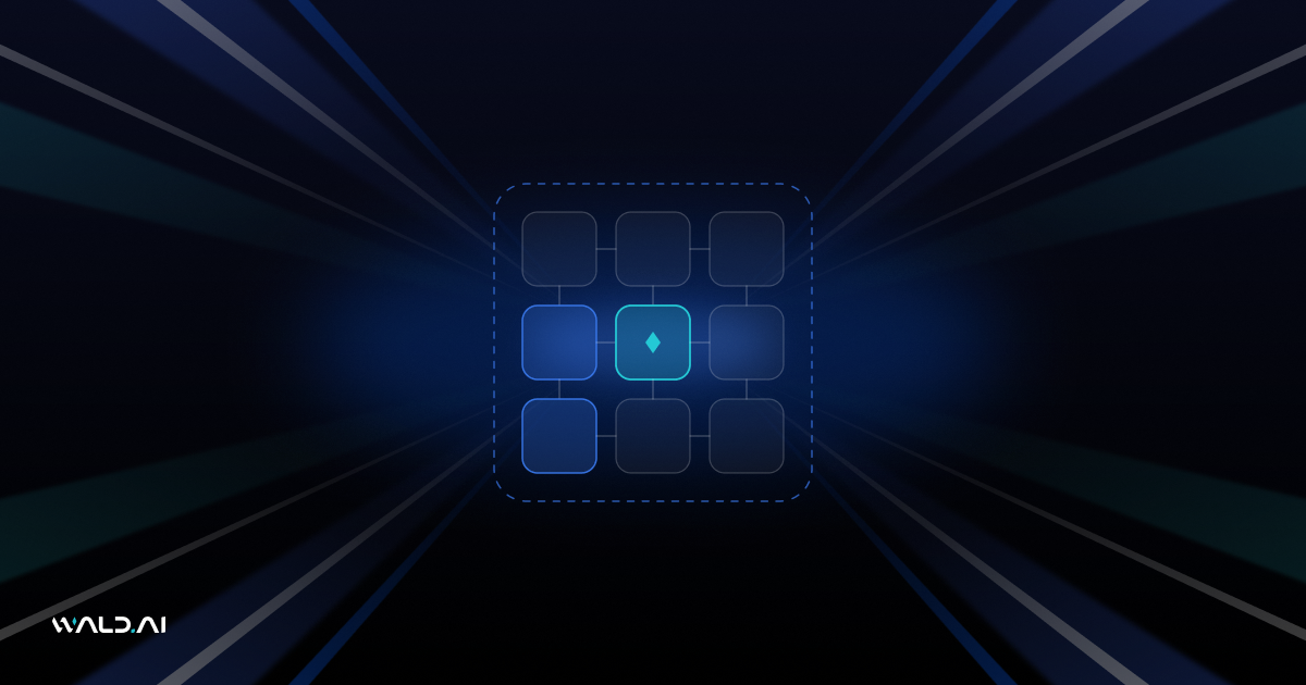 Abstract Wald AI blog banner with a structured grid of governance tiles on a dark background with blue light rays