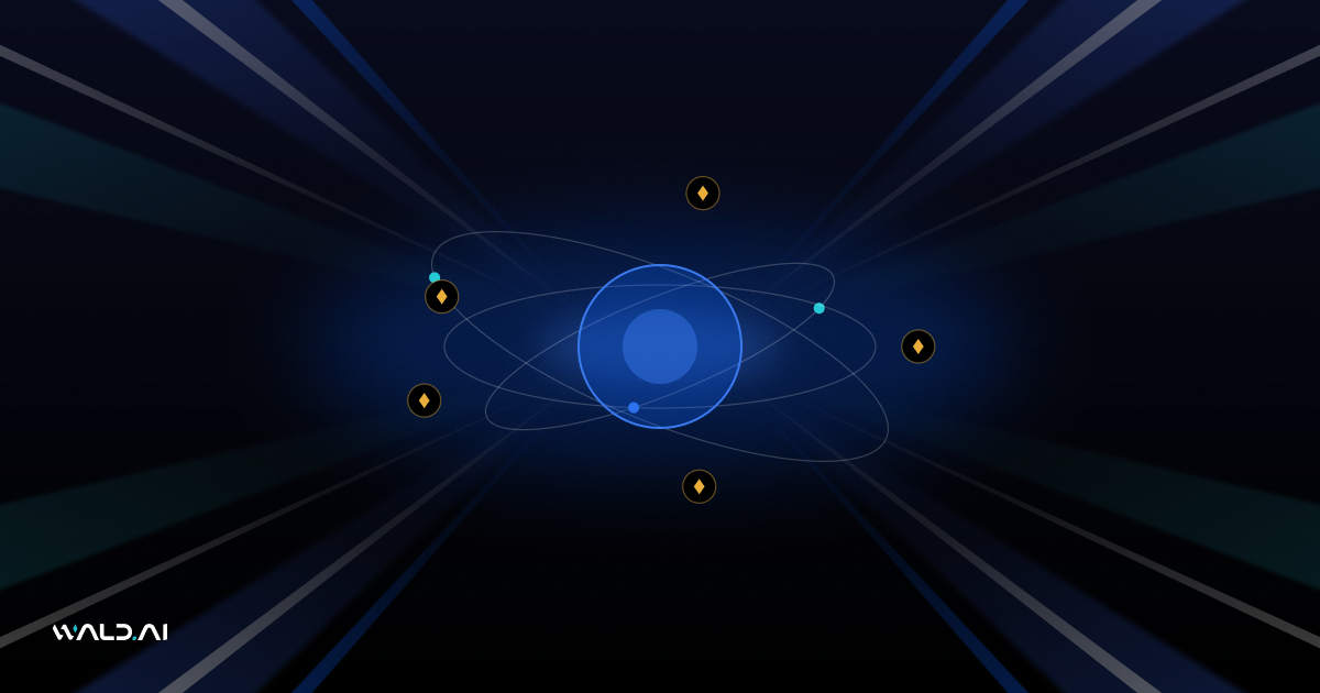 Abstract Wald AI blog banner with an AI model orb with orbit rings on a dark background with blue light rays