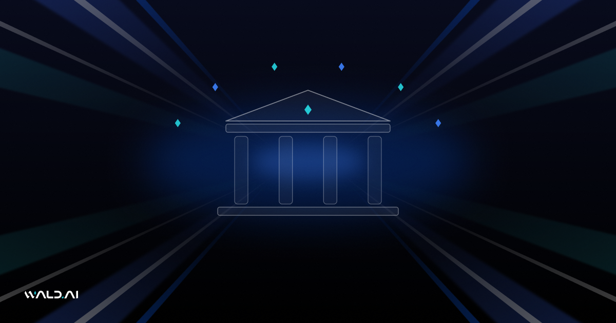 Abstract Wald AI blog banner with a classical institution building on a dark background with blue light rays