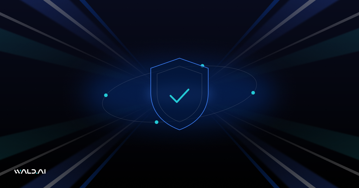 Abstract Wald AI blog banner with a glowing security shield on a dark background with blue light rays