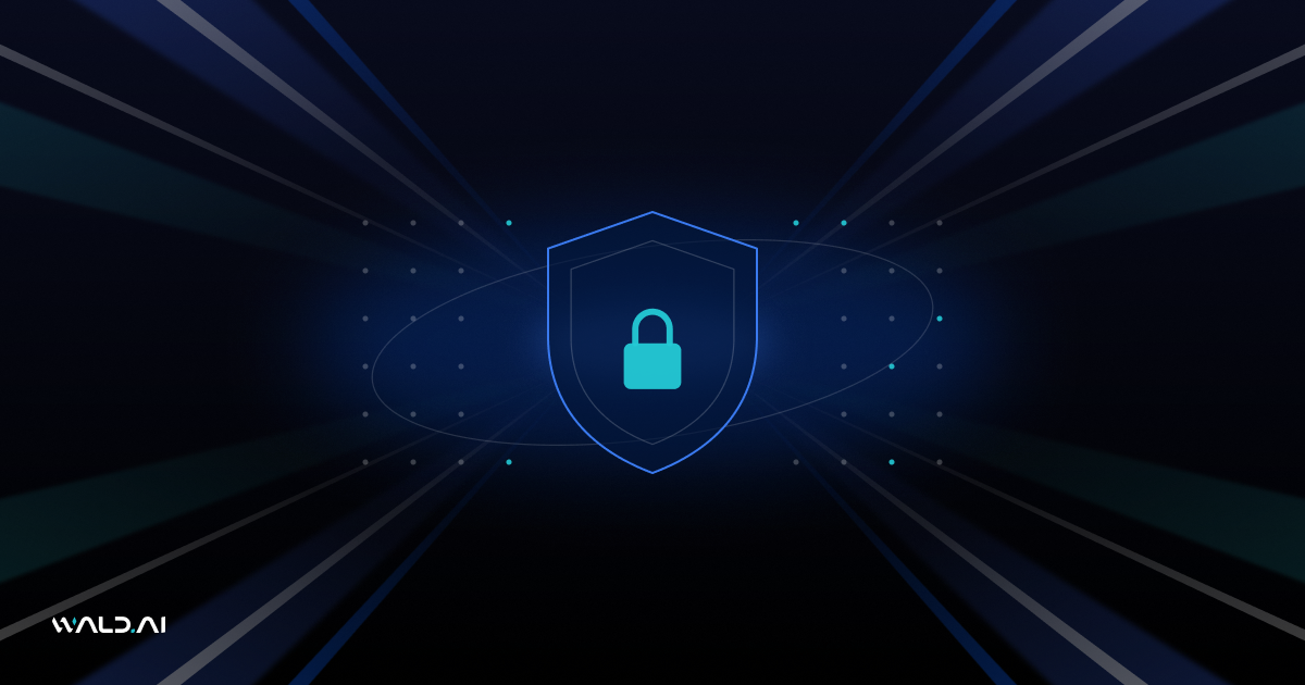 Abstract Wald AI blog banner with a glowing security shield on a dark background with blue light rays