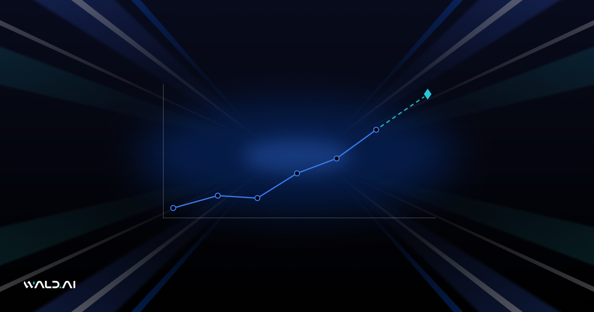 Abstract Wald AI blog banner with a growth curve on a dark background with blue light rays